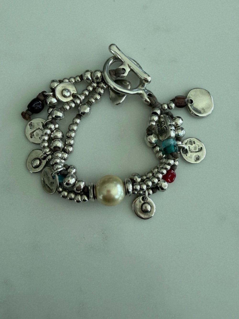 UNO de 50 Silver Multi-Strand Bead Bracelet with Pearl and Turquoise/Red Accents